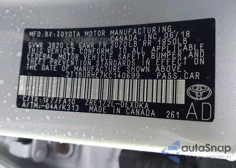 2019 Toyota Corolla L из США, поврежденный, VIN 2T1BURHE7KC140699